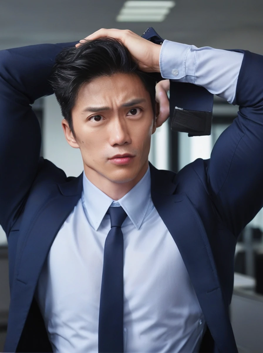 Chuando Tan, Chuando Tan face, male focus, muscle, wear torn office outfit