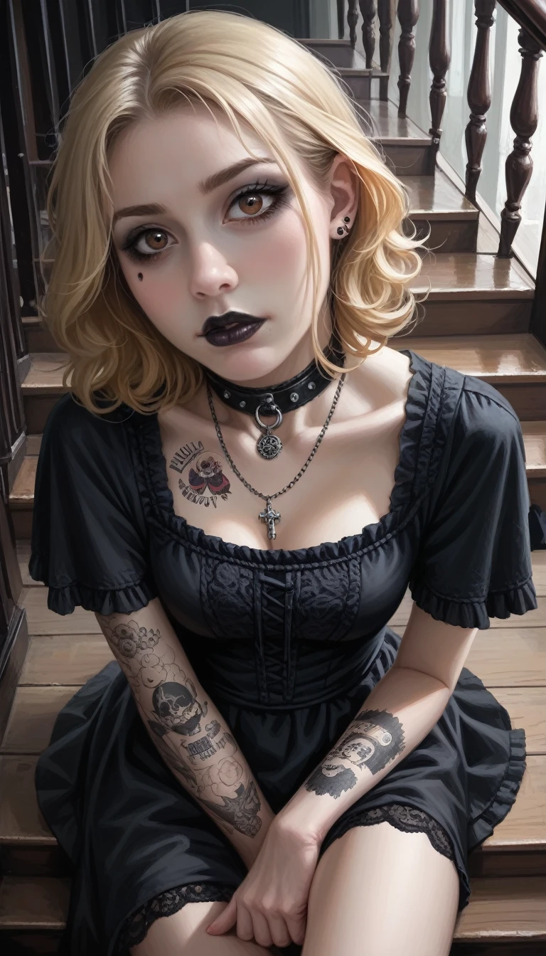 (best quality:1.4) (photorealistic:1.3) (masterpiece)
(a french Goth girl with blonde hair. Short wavy hair. Black lace dress and black choker on her neck. Blackwork tattoo on her arm and black pendant on her neck. Sitting on white stairs. Emo makeup with black lipstick. Looking at the camera. Pale skin and brown eyes. From above. Photograph, realistic, higly detailed, bellow perspective, dim colors, shot, 100mm. midjourneyv6.1, detailmaximizer, Goth GIrl)