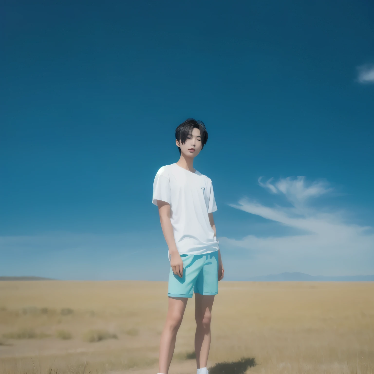 In a vast open space with only blue skies and grasslands, a slender and handsome Japanese male stands alone. He is wearing a white T-shirt and shorts, highlighting his slim physique. His calm and innocent expression stands out as he stands beautifully in the expansive natural setting. crisp quality, a masterpiece portrait of a woman with ultra detailed features, in 8K resolution, with crisp quality and vibrant colors,