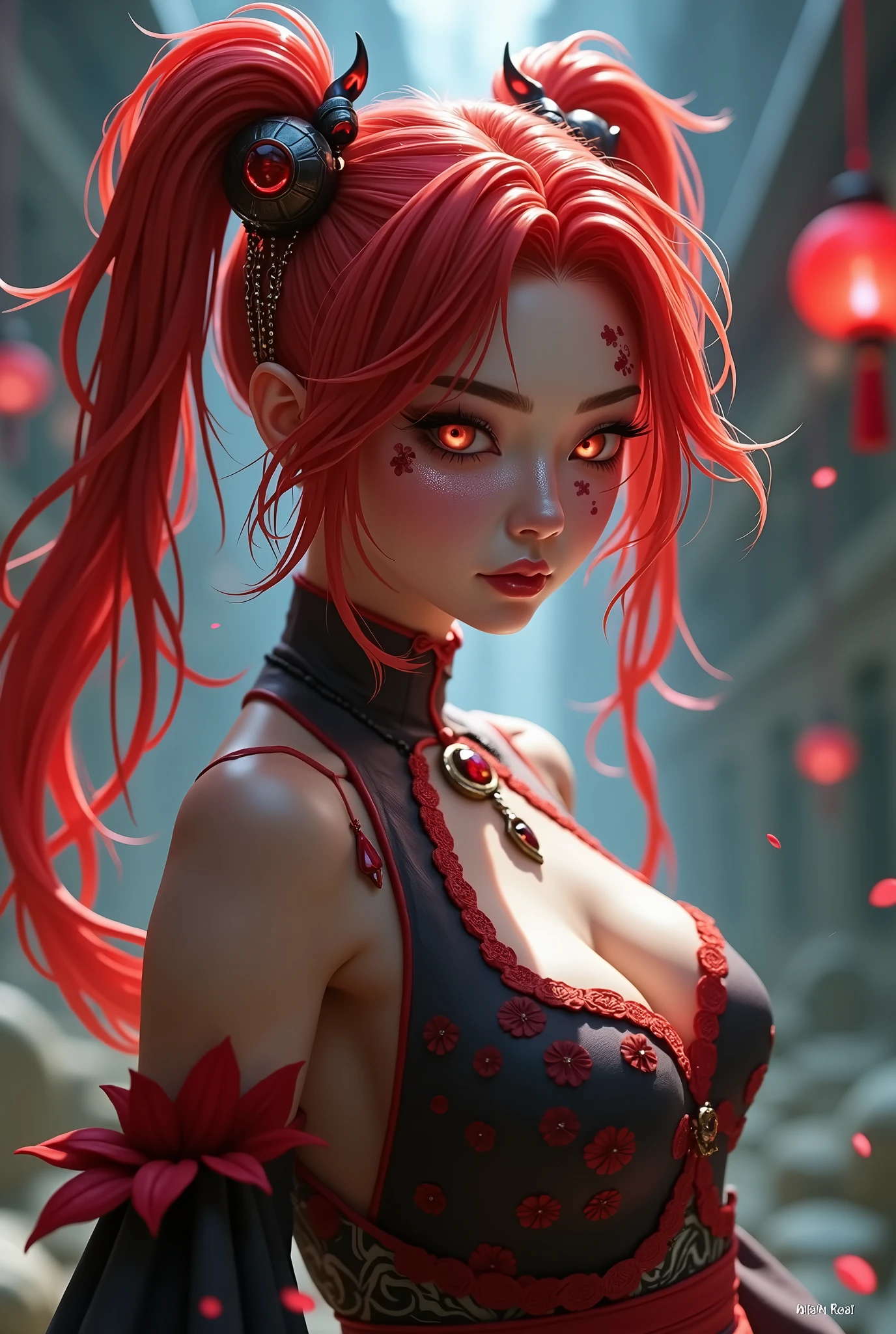 **Circe Scarlet** a beautiful and charming young girl. Be brave, intimidation, Intelligent. Looks like an 18 year old girl. Gambar real live person.
1. **Hair:**
- Hair Circe Scarlet panjang dan mengalir hingga ke pinggang, dark red with a hint of maroon that sparkles when exposed to light. Hairnya bergelombang dan bebas, sometimes it looks like the wings of a butterfly in flight, creating the illusion of movement even when he is standing still. In some parts, there are strands of hair that are dyed white, provides a striking contrast and adds a sense of mystery.
2. **face:**
- facenya memiliki fitur asia campuran fitur barat iaitu kacukan asia barat dan menawan dengan mata yang bersinar dengan warna merah menyala, like a ember reflected in the darkness. Her eyes had a mysterious and intense glint., often gives the impression that he can see into anyone's deepest heart. There are slight black shadows around his eyes which make his gaze even more dramatic..
- Her lips are dark red, always looks like he just drank the blood of his enemy. On the left side of his face, there is a delicate white butterfly-shaped birthmark, symbol of the deepest strength of his heart.
3. **clothes:**
- Circe wears a battle dress that combines elements of elegance and toughness.. The dress was jet black with maroon and white accents., made of flexible yet durable material, shiny as silk but strong as steel.
- The top of the dress has a cut that shows off her shoulders., with thin shoulder straps that twist like the veins of a vine. On the chest there is a butterfly pattern made of gold and silver thread which adds a luxurious impression..
- The skirt extends almost to the ground., with torn edges that look as if they were cut by a sharp blade. However, behind the tear is a second layer in the form of butterfly wings that spread out when he moves,