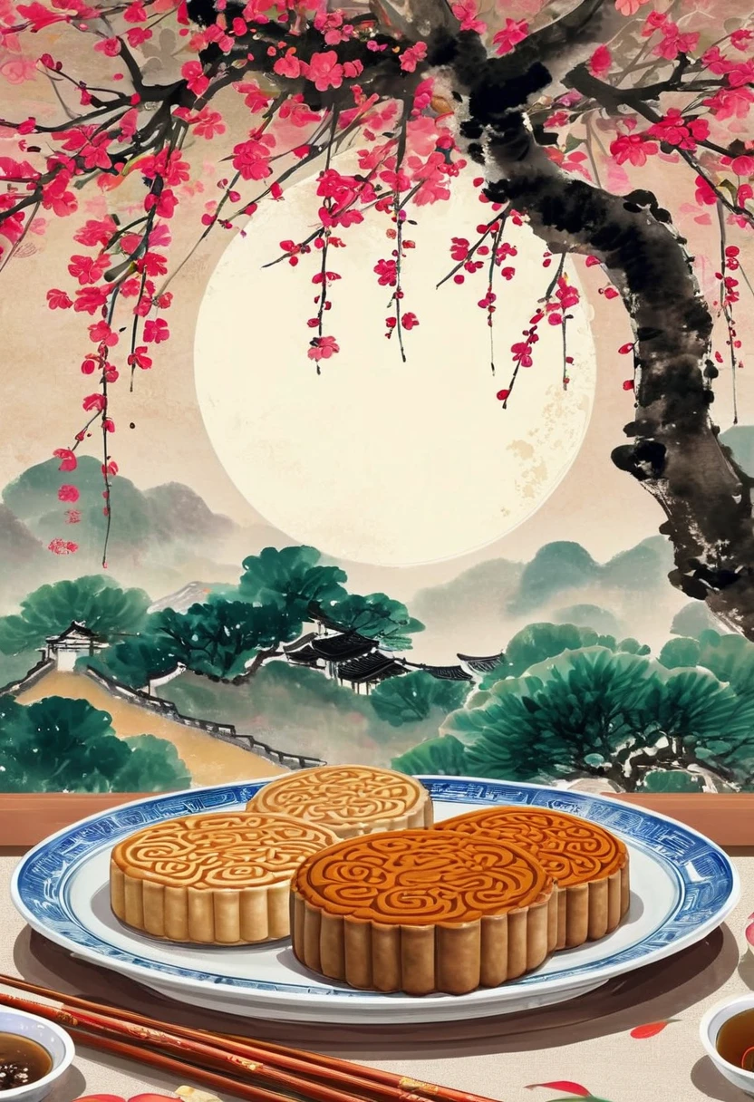 autumn，lawn，Under the big tree，There is a round bright moon in the sky，There are several plates of moon cakes on the table，Chinese Mid-Autumn Festival mooncakes，Painting，concise，Chinese style，Masterpiece