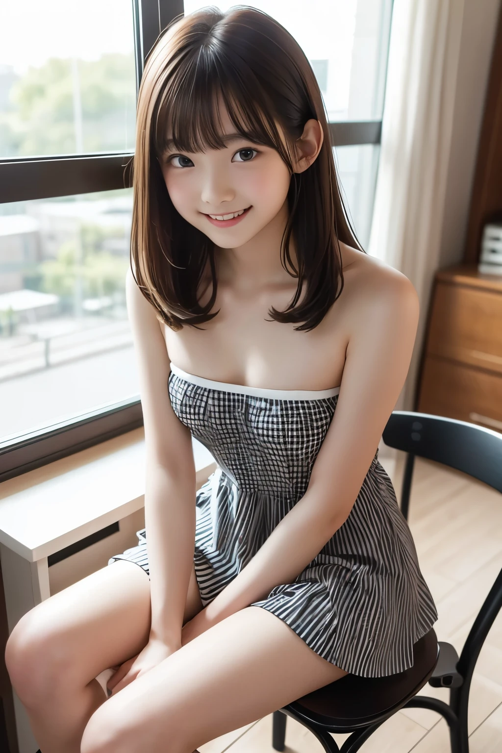 Highest quality,8k,Ultra high definition,,(My older sister is a first year high school student.）,,A slim face like an actress,,Smile,,Brown Hair,With bangs,Inward curl straight,Strapless,A one-piece dress with a short skirt and black and white horizontal stripes,Border pattern,((Small breasts)),Sit on a chair with your legs spread