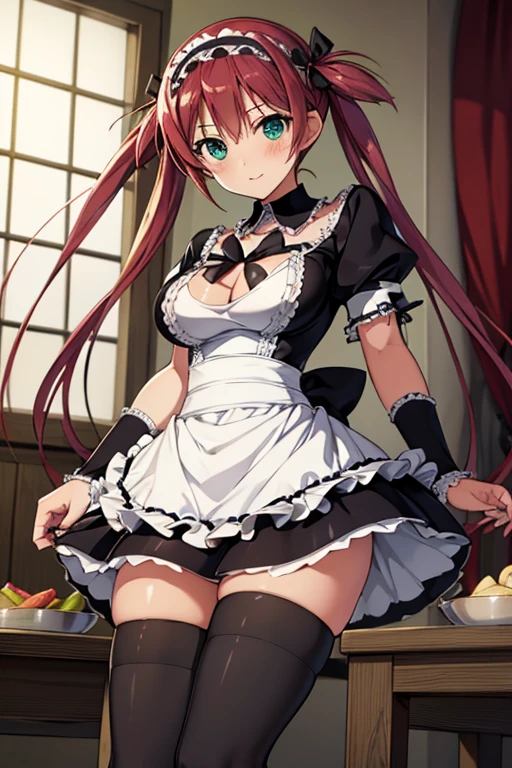 table top, highest quality, airiv 4, 1 girl, alone, blush, thighs thighs thighs, black stockings, apron, zettai ryouiki, maid, Maid's hair accessory, cleavage, wrist cuffs