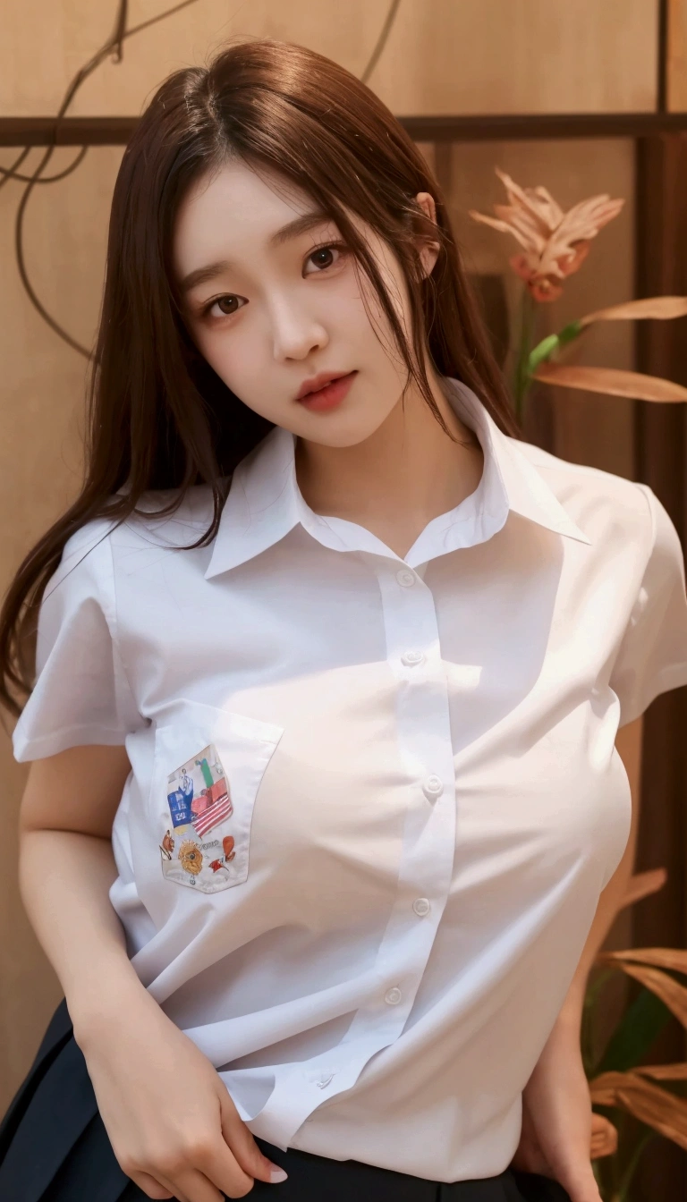 a close up of a woman in a white shirt and black skirt, wearing in shirt, button - up shirt, short sleeves, jk uniform, magical school student uniform, girl wearing uniform, seifuku, wearing white shirt, button up shirt, clothed in white shirt, jaeyeon nam, hyperrealistic schoolgirl, korean girl, fine white shirt,big breast:1.1, (M Cup breast)