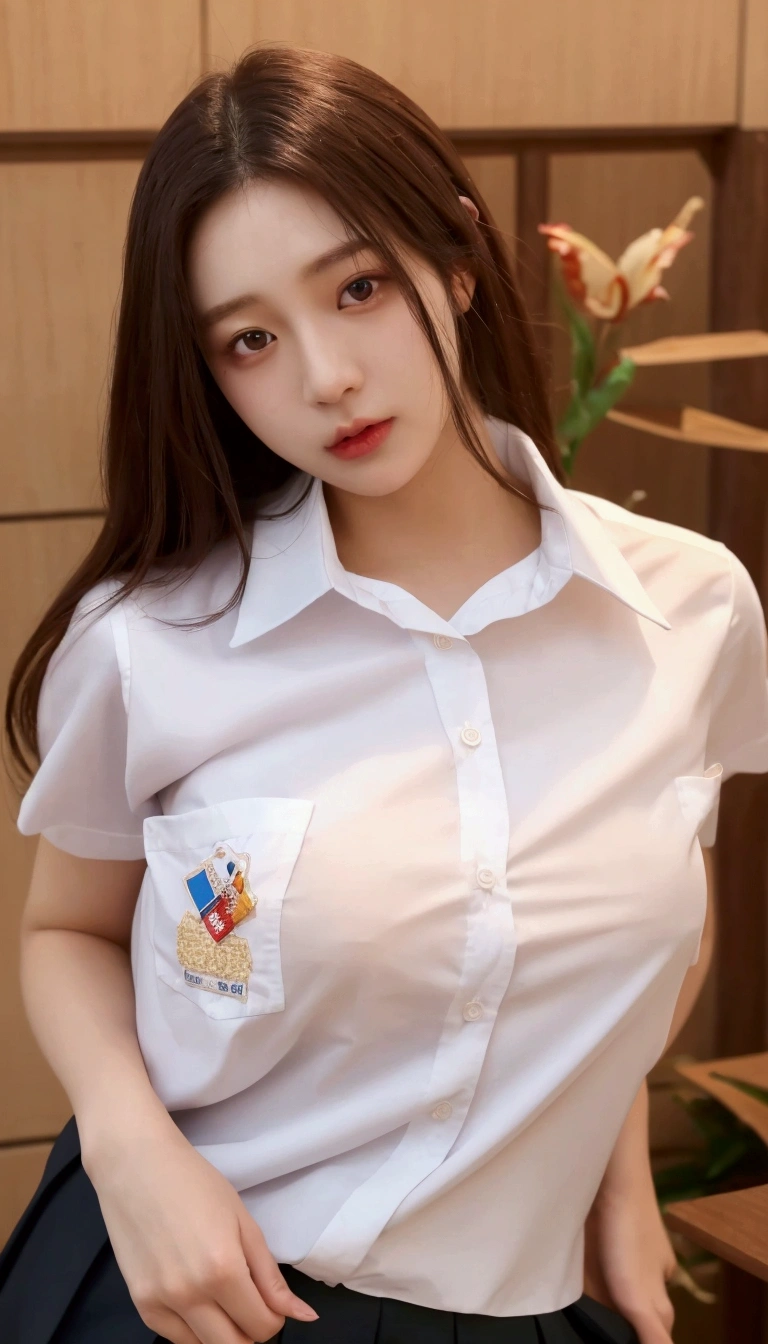 a close up of a woman in a white shirt and black skirt, wearing in shirt, button - up shirt, short sleeves, jk uniform, magical school student uniform, girl wearing uniform, seifuku, wearing white shirt, button up shirt, clothed in white shirt, jaeyeon nam, hyperrealistic schoolgirl, korean girl, fine white shirt,big breast:1.1, (M Cup breast)