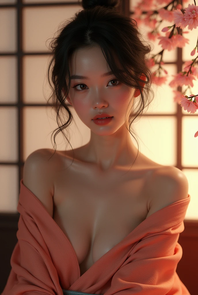 anatomically correct, portrait photo, a Chinese mistress, unbuttoned open cheongsam, open chest, topless, cleavage, small breasts, simple background, photorealistic, masterpiece, smiling