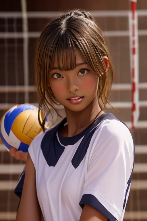 (((( one girl )))), Put your hand over your mouth、Beautiful breasts、 Brown eyes, ((Gal Hairstyles)) blonde, girl, (Eye and facial details:1.0), break, (masterpiece, Highest quality, Very detailed, Detailed face, 8k),( dark skin:2.05 ), (((( volleyball uniform )))),( open mouth ),(((( thick lips )))),カウボーイショット, 