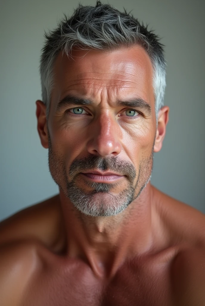 A 54-year-old man possesses a robust and masculine physique. His broad shoulders and well-defined features exude a sense of strength and vitality. With very short, white gray hair and a well-maintained beard, he presents a mature and distinguished appearance. The piercing blue eyes convey a depth of experience, complemented by a stern expression that adds an air of authority. The overall image suggests a combination of resilience, maturity, and a strong sense of character.