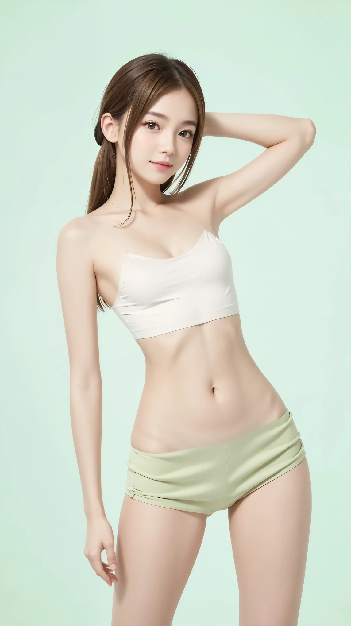 masterpiece,highest quality,1 girl,delicined face, 前hair, just_arm, just_shoulder, green_eye, clavicle, (soft big breasts:1.48)、(Style with outstanding S-shaped lines:1.48)、(toned abdominal muscles:1.48)、cowboy_shot, crop_superior, High leg, High leg_panties, length_hair, looking for_in_peeping in the viewer, belly button, panties, realistic, short_shorts, shorts, 一人in, Are standing, underwear,