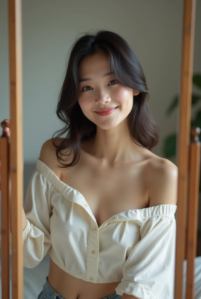 1girl, offshoulder, light smile, shiny skin
best quality, masterpiece, (photorealistic:1.4)