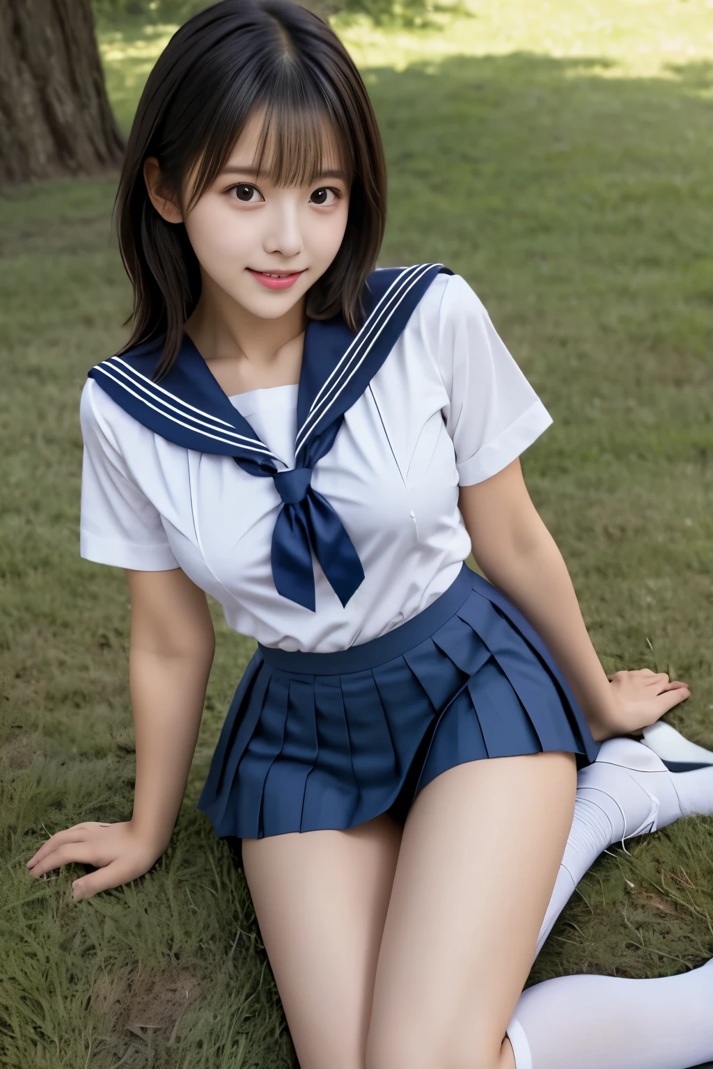 nsfw:1.3, Best Quality, masterpiece, Ultra-high resolution, (Realistic:1.2), RAW Photos, Depth of written boundary, Professional Lighting, Perfect Anatomy, Very detailed,　Beautiful Japanese Women, cute, (1, Baby Face) , sexy, (Get on one knee, M-shaped legs:1.4), (A very cute face in the style of a Japanese idol),  smile, Black Hair,　Short Hair, bangs, ((White shirt, Sailor school uniform, Navy blue pleated mini skirt:1.2)), (White panties under a navy skirt:1.2), A beautiful and balanced face, Beautiful Eyes, Delicate hair,  (Small breasts), Slim and beautiful figure, Beautiful legs, (sit on the grass at school),　(Spread your legs, Cum on thighs:1.5),