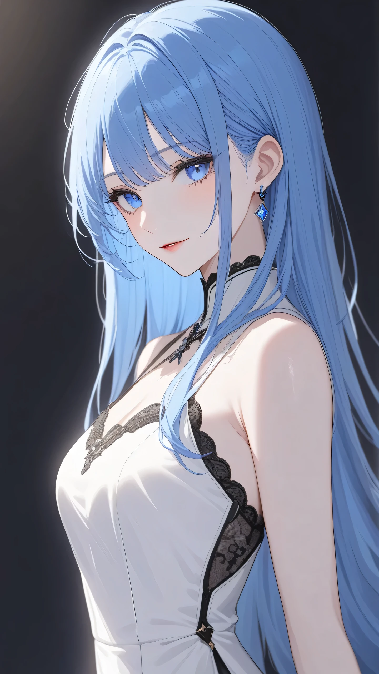 highest quality、masterpiece、1 girl、black background、blue hair:1.5、blue eyes, white clothes、Black and white world、Black and white world、pale skin、side blade, light smile 