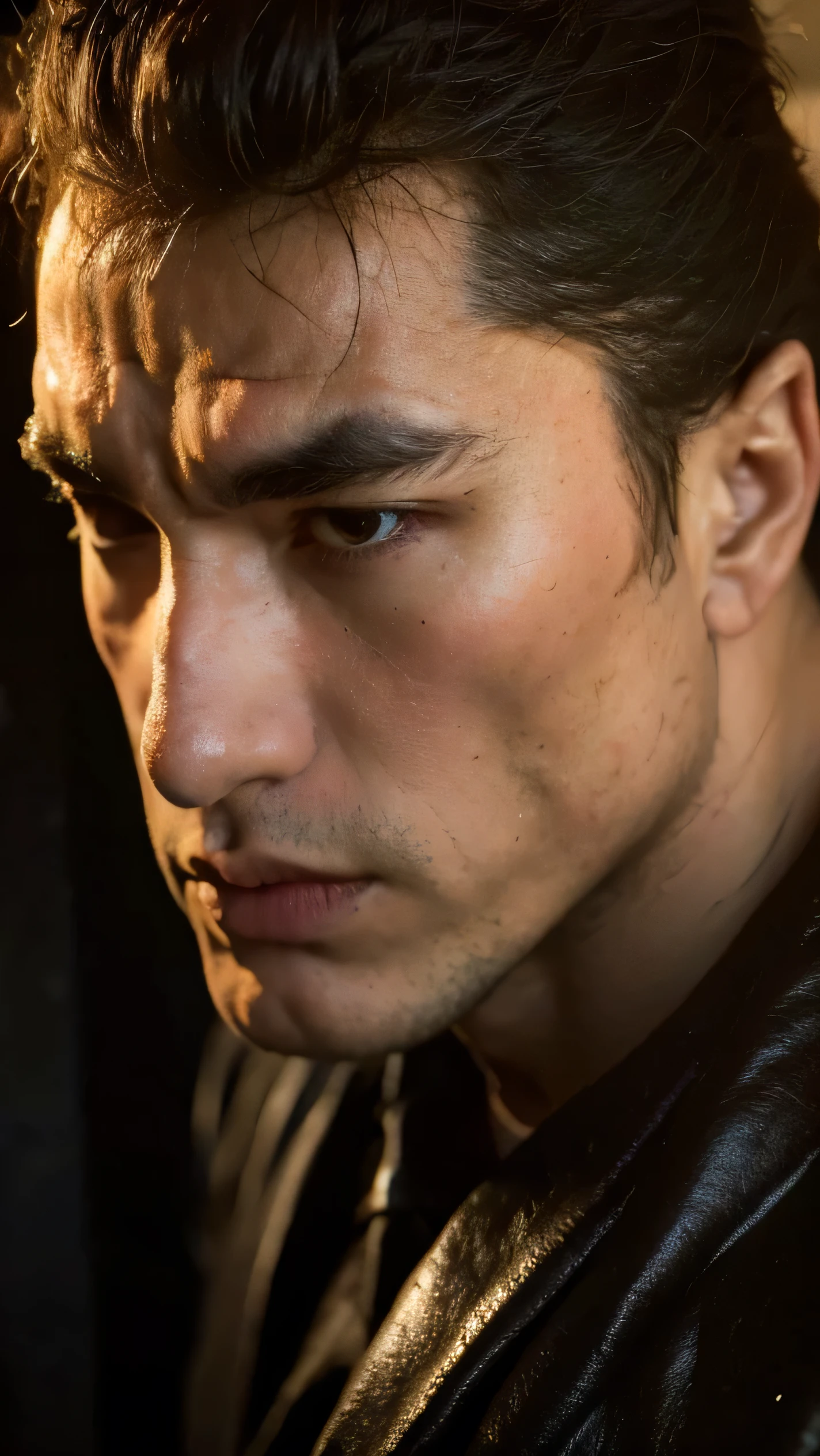 realistic male portrait, extremely detailed face, realistic skin texture, highly detailed facial features, piercing eyes, defined jawline, beautiful lips, realistic human anatomy, muscular physique, nudity, intricate details, dark fantasy, gritty, dramatic lighting, muted color palette, cinematic, masterpiece