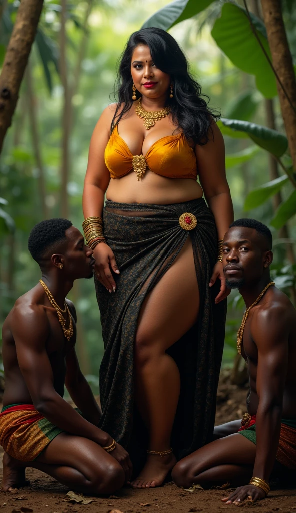 In a beautiful bright African village, under the moonlit night sky, a beautiful busty curvy Igbo girl dressed in native short Ankara skirt, and bra, kissing a fit sexy shirtless igbo man with Ankara shorts while he put his hand inside her skirt. Make it photoreal and 3D rendered.