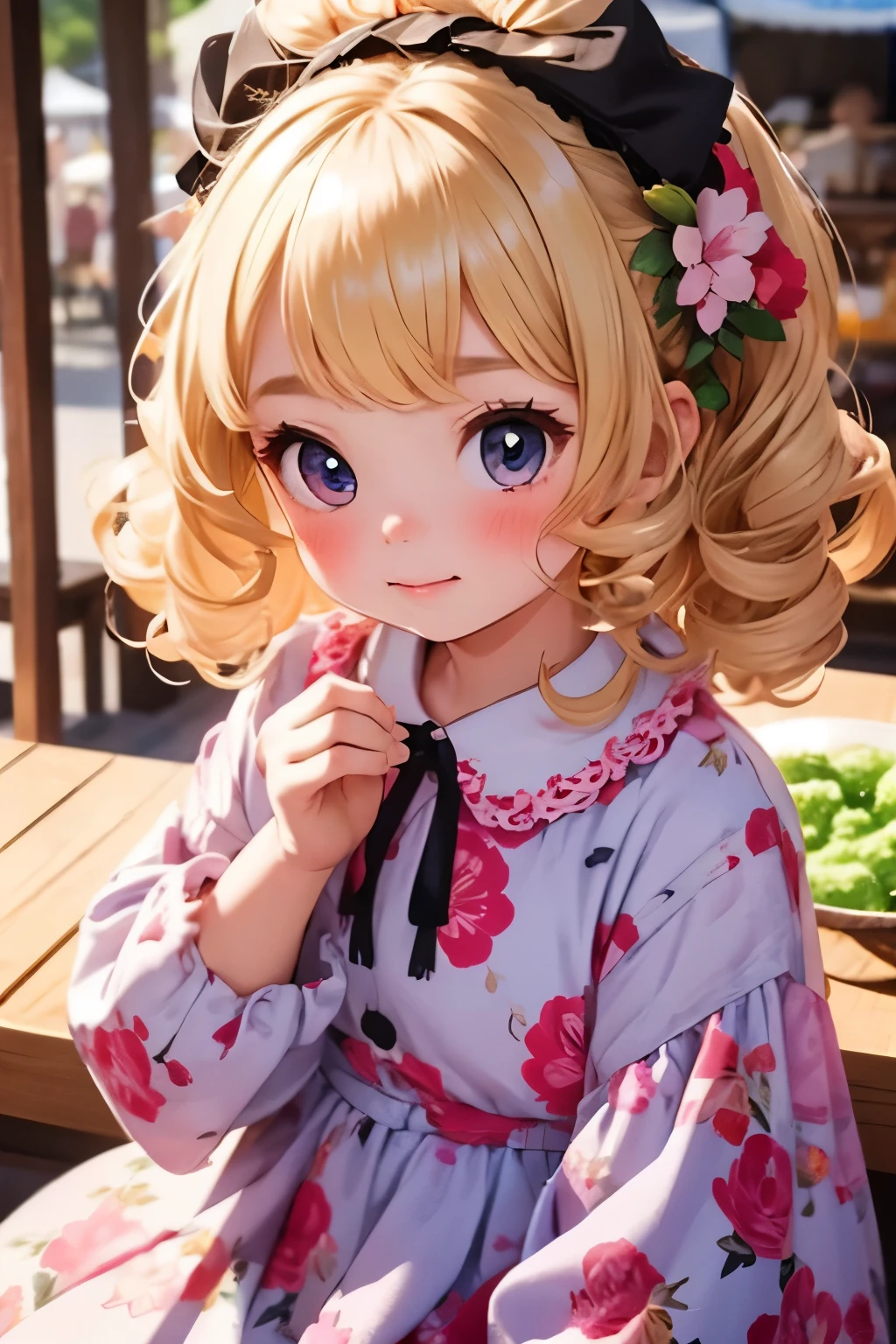 Best Quality, One ***********，Cute young very , blonde, Curly Hair, evil ，Floral Dress，I want to try the shaved ice at the festival stalls..，