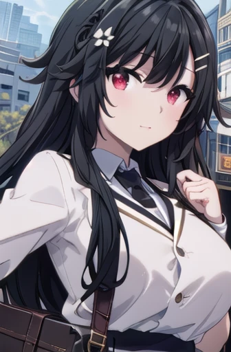 (Day:1.7), Day本, A man walking through the city with a suitcase、A painting with buildings in the background。, 
Standing still,
 White shirt ,Black Skirt,jacket,,Black Tuxedo,
bangs, Black Hair,Hair accessories, Hair Clip, Long Hair, Red eyes,
1 girl, 20 years old,Young woman,beautiful Finger,beautiful long legs,beautiful body,beautiful Nose,beautiful character design, Perfect Eyes, perfect face,Expressive eyes,
View Viewer, Center the image,(upper_body),(close),(Focus on her face),
Official Art,Highly detailed CG Unity 8k wallpaper, Perfect lighting,colorful, bright_Front_face_Lighting,Shiny skin, 
(masterpiece:1.0),(Highest_quality:1.0), 超High resolution,4K,Super detailed photos, 8k, High resolution, High resolution, Absurd:1.2, Kodak Portra 400, Film Grain, Blurred Background, Bokeh:1.2, Lens Flare, (Vibrant_color:1.2)
(beautiful,big_chest:1.4), (beautiful_face:1.5),(narrow_Waist),bigchest、