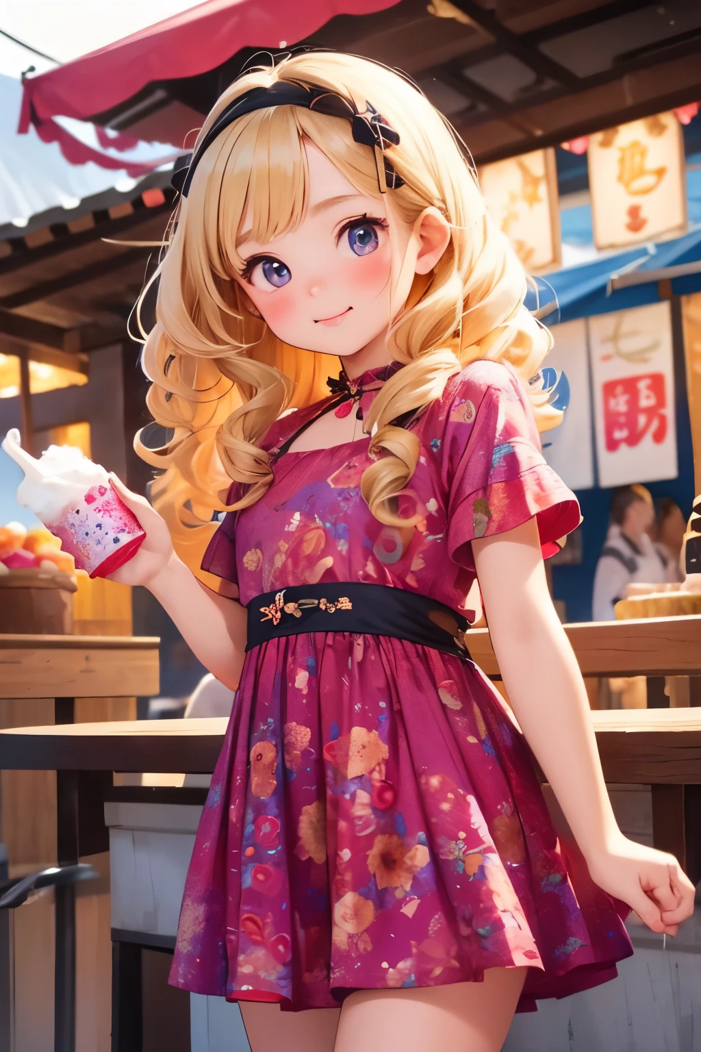 Best Quality, One ***********，Cute young very , blonde, Curly Hair, evil ，Floral Dress，I want to eat shaved ice at a festival night stall..，