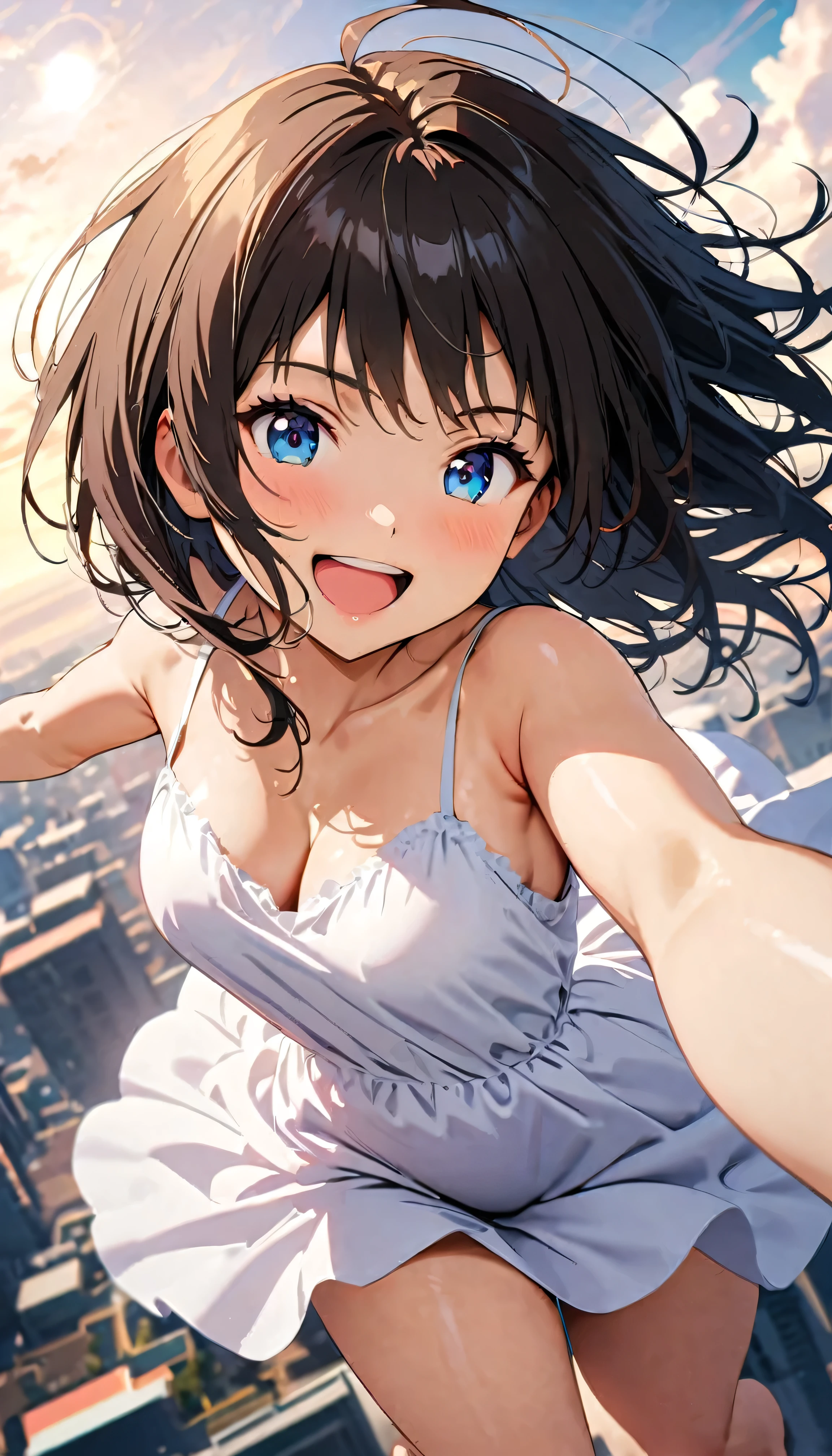 Highest quality, Very detailed, up to date, Vibrant, masterpiece, Highest quality, Best aesthetics, Floating in the sky, on the clouds, Pastel clouds, fly in the sky, Blurred Background, Above, One woman, Black Hair, face up shot, smile, big smile, Get excited, barefoot, Dynamic Angle, dynamic, Floating, Dynamic pose, White Dress, The wind is blowing, Vivid light, Colorful Scenes, momentum, lens flare, anime style