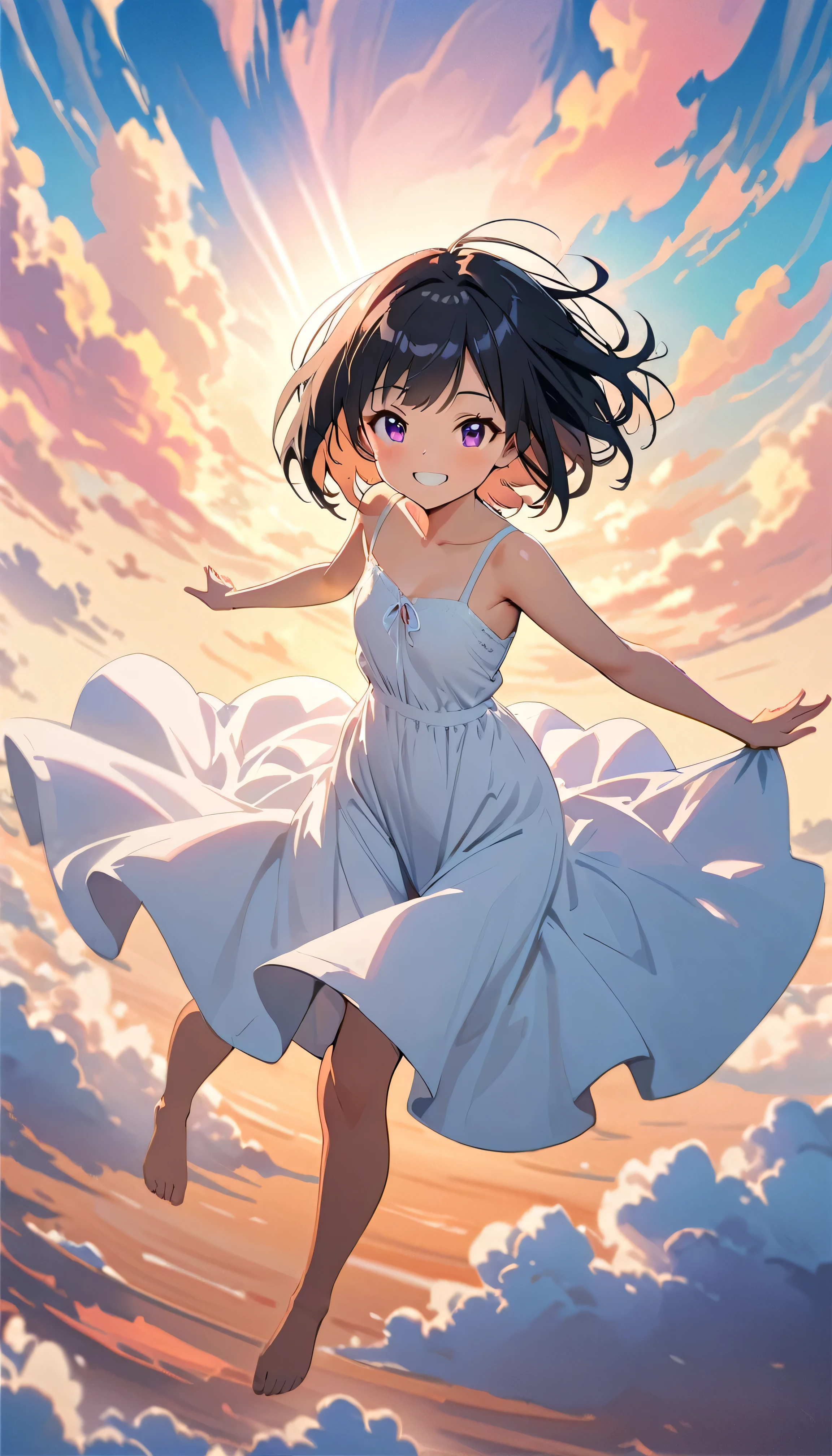 Highest quality, Very detailed, up to date, Vibrant, masterpiece, Highest quality, Best aesthetics, Floating in the sky, on the clouds, Pastel clouds, fly in the sky, Blurred Background, Above, One woman, Black Hair, bob cut, face up shot, smile, big smile, Get excited, flat chested, short stature, very young, barefoot, Dynamic Angle, dynamic, Floating, Dynamic pose, White Dress, The wind is blowing, Vivid light, Colorful Scenes, momentum, lens flare, anime style