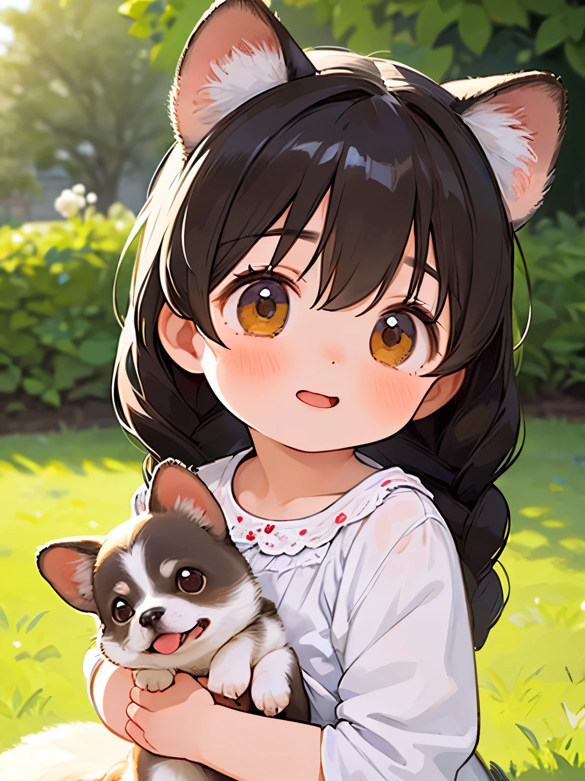 (Best Quality,32K,High resolution,masterpiece:1.2), Very detailed, (Deformed, Realistic, Realistic:1.3)，One Girl，Cute young very ，非常にlow length，Laugh happily, Brown eyes，low length，Fluffy black hair braids，White short dress，Cuddling a Chihuahua，Chihuahuas are much bigger than girls....，This dog is a chihuahua..，The midsummer background is the garden of a country house，My clothes are transparent with cold sweat，