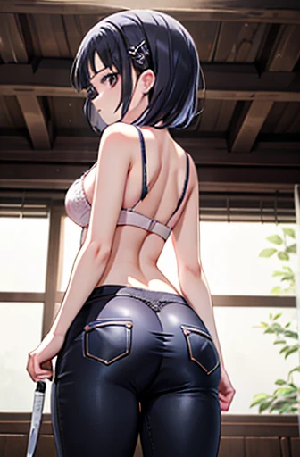 Huge , Kirigaya Naoha(Sword Art Online), 1 girl,Genuine、 Bob Hair, Hair Clip, masterpiece、Best Quality、Huge chool、Dynamic Angle, Lace bra、View with camera、A big bust that seems to burst:1.7、I can see your pants、Point your ass at me、Looking Back、Lacy pink panties、Low Angle、Thong