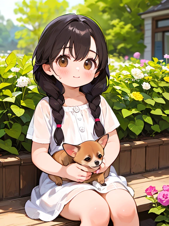 (Best Quality,32K,High resolution,masterpiece:1.2), Very detailed, (Deformed, Realistic, Realistic:1.3)，One Girl，Cute young very ，非常にlow length，Laugh happily, Brown eyes，low length，Fluffy black hair braids，White short dress，Cuddling a Chihuahua，Chihuahuas are much bigger than girls，This dog is a chihuahua，The midsummer background is the garden of a country house，My clothes are transparent with cold sweat，