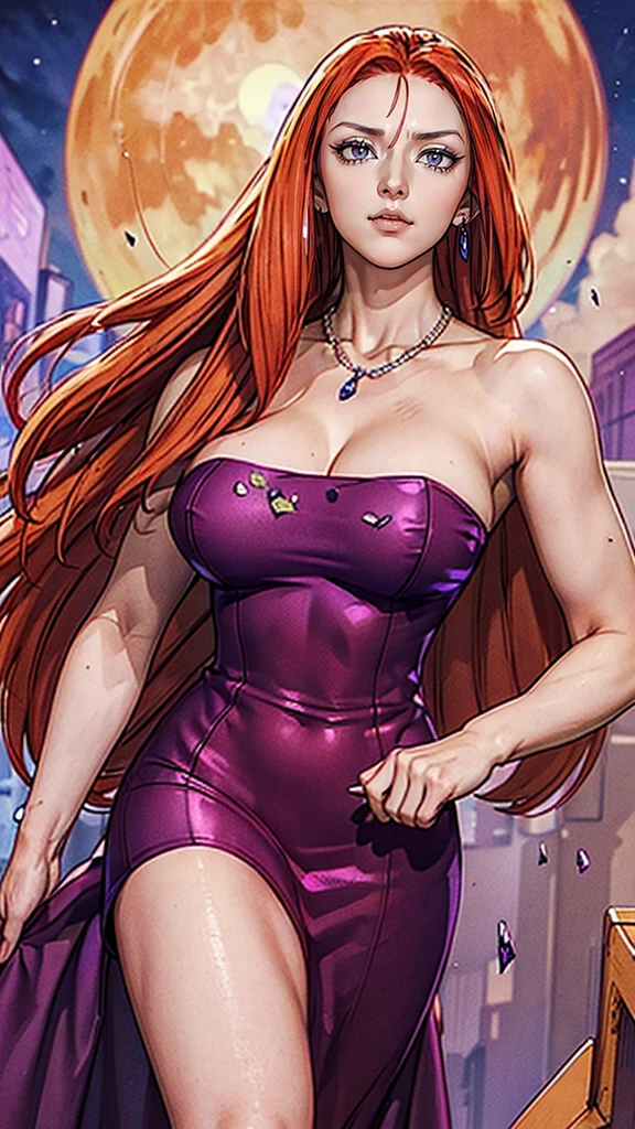 ((masterpiece, best quality;1.3)), ultra detailed, detailed background, smile,orange hair, detalied eyes, ultra detailed eyes, large breast, purple bodycon dress, running, long hair, tube_dress, strapless_dress, young hand, mikm, night, city, shinjuku, full moon,lots of dollar bills,long eyelashes, violet eyes, (detailed eyes), lipstick, (detailed_face:1.0), serious, frowning, round earrings, orange hair, (long hair), straight hair, necklace, large breasts, violet dress, colossal cleavage, ((shoulder-off dress:1.2)), sleeveless,
