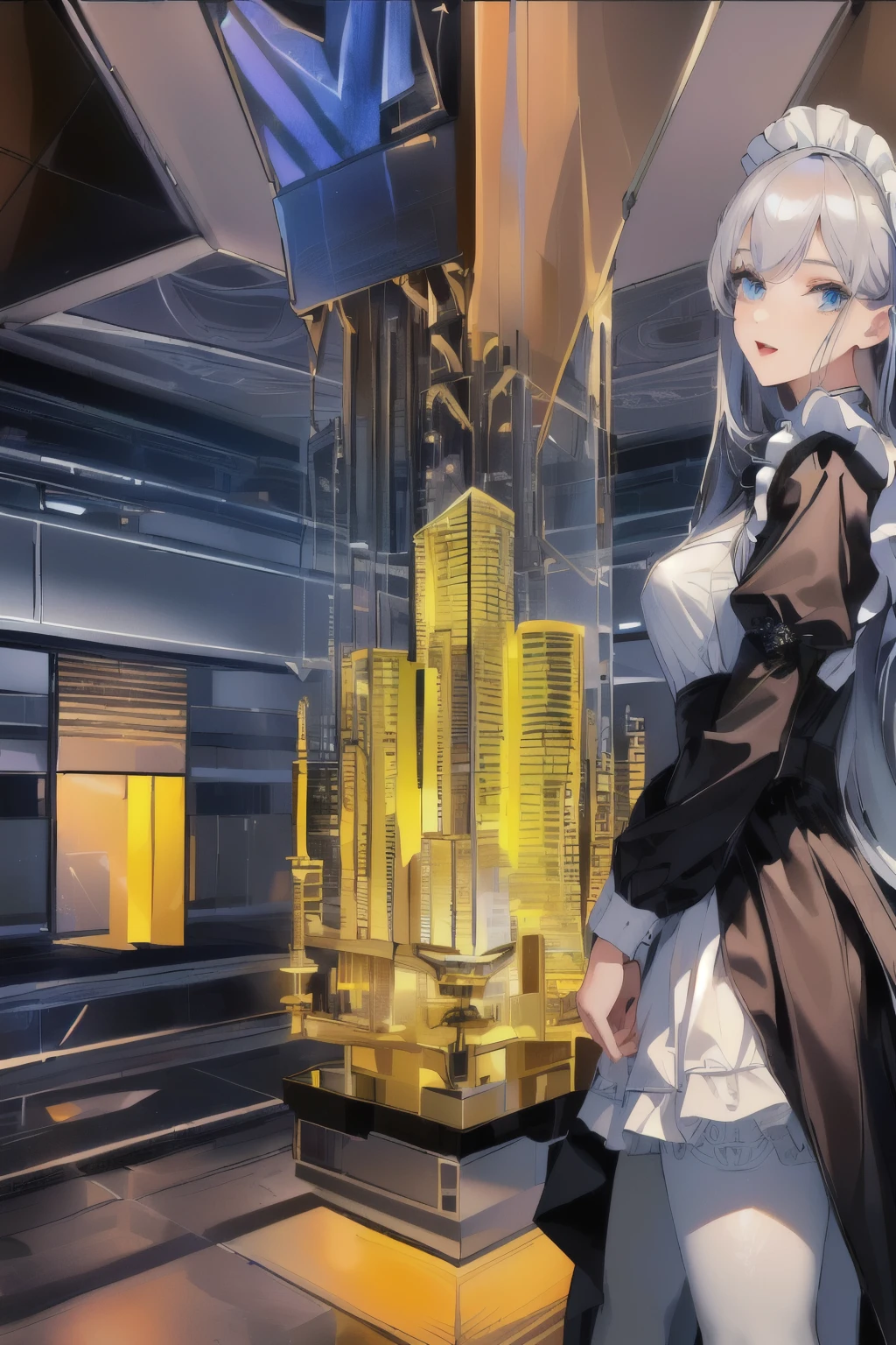 (best quality,4k,high resolution,masterpiece:1.2) A maid is standing beside of a large hologram of a building in an oerating room. The maid,detailed eyes,beautiful detailed lips,extremely detailed large eyes and face,long eyelashes, Europian face with evil smile, silver long hair, tightly fitted outfit,black long-sleeved maid costume,wearing long skirt, wearing white tights, upper body portrait above the knees, from front view, sadistic eyes, keen gaze,open mouth with cruel feels, feels a confidence expression.
