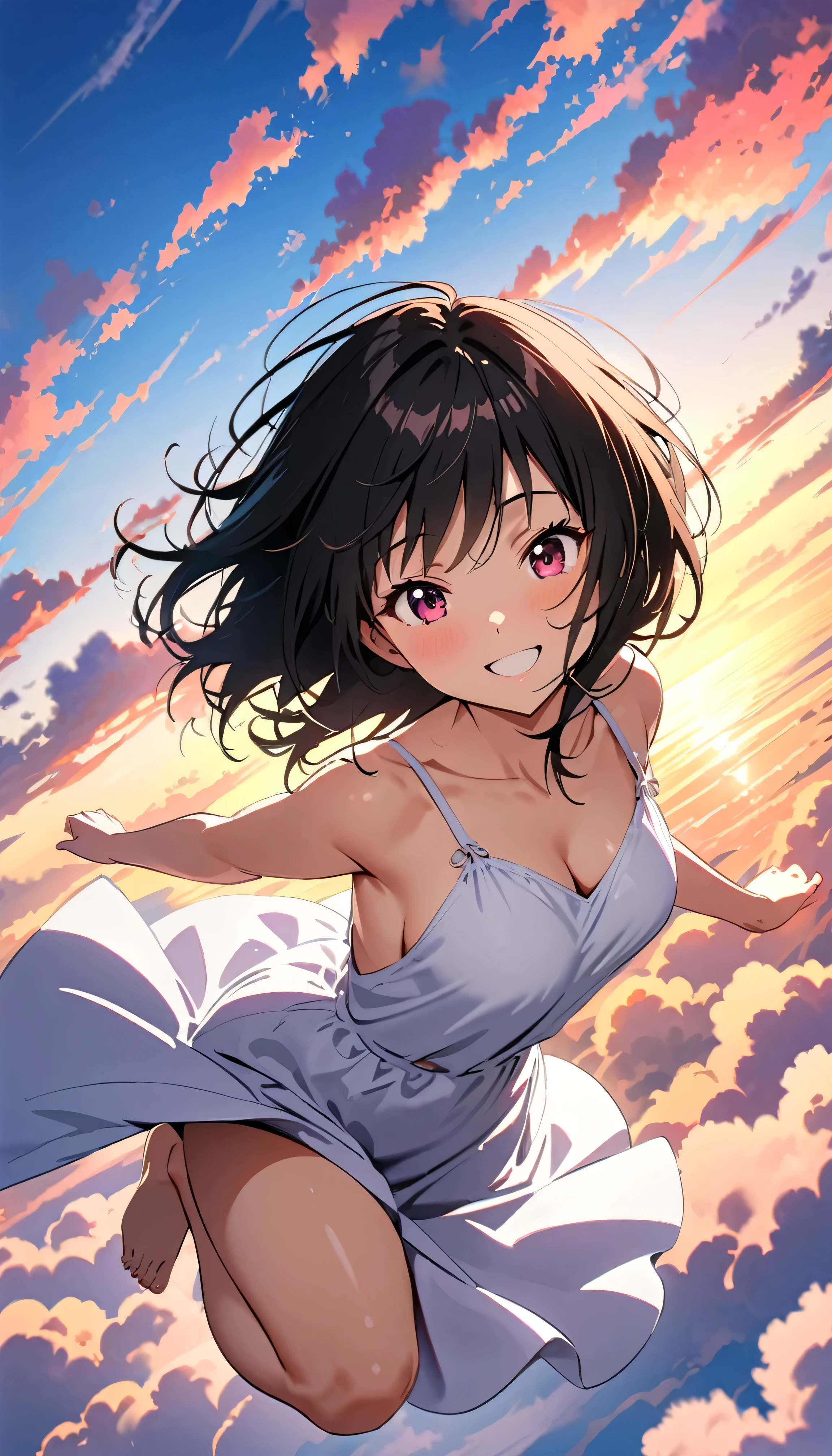 Highest quality, Very detailed, up to date, Vibrant, masterpiece, Highest quality, Best aesthetics, Floating in the sky, on the clouds, Pastel clouds, fly in the sky, Blurred Background, Above, One woman, Black Hair, face up shot, smile, big smile, Get excited, barefoot, Dynamic Angle, dynamic, Floating, Dynamic pose, White Dress, The wind is blowing, Vivid light, Colorful Scenes, momentum, lens flare, anime style