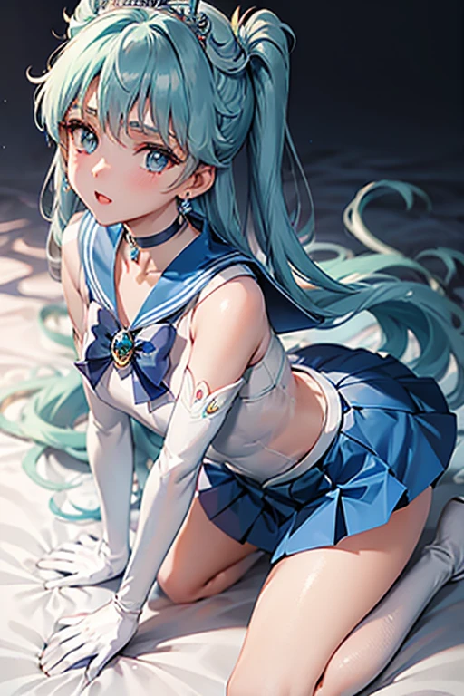  Solo cuerpo completo, ,clara sesemann,pelo rubio,Cinta para el pelo,blue eyes,vestido corto azul,, parada junto a silla de ruedas, en la luna, stand, full body,  blue shoes, hands at sideslying on bed,,(detailed background, royal bedroom), (kda style), ((sailor moon outfit)),