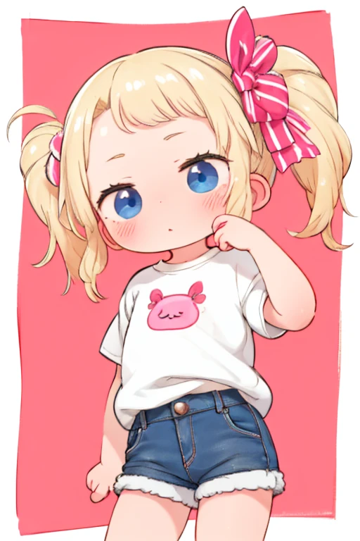 1 cute young very small girl，Wearing shorts, Oversized white printed t-shirt，ＲBeatrice: zero，Very short stature，Flat Chest，Delicate face、No smiles，blonde，