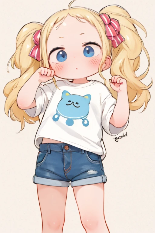 1 cute young very small girl，Wearing shorts, Oversized white printed t-shirt，ＲBeatrice: zero，Very short stature，Flat Chest，Delicate face、No smiles，blonde，