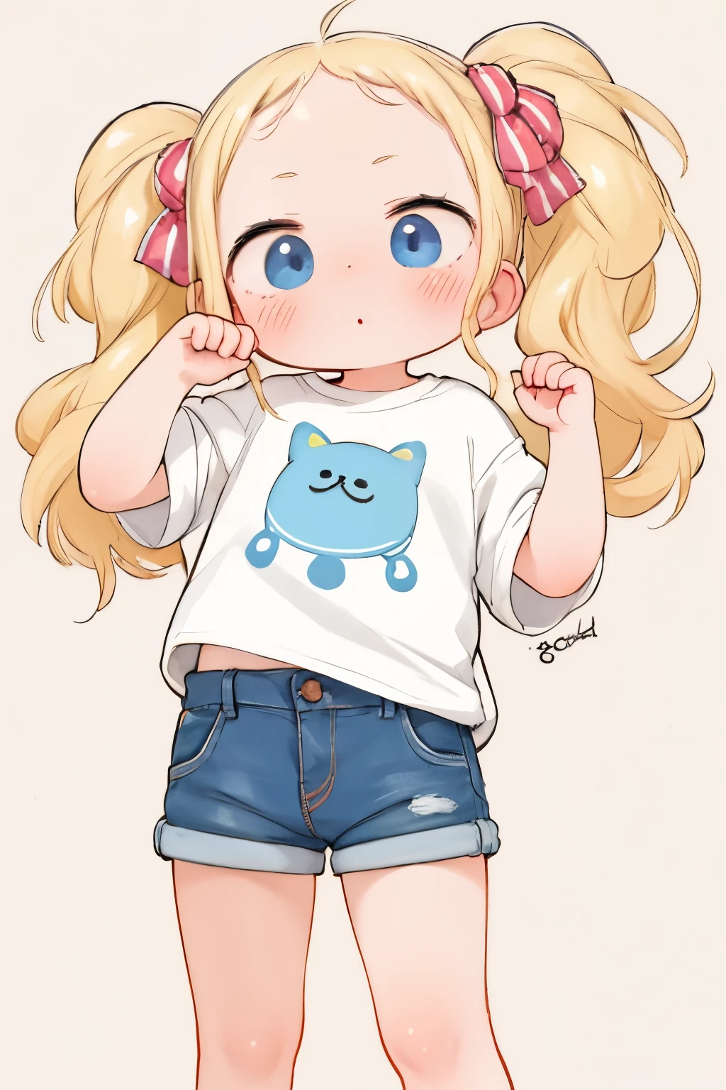 1 cute young very small girl，Wearing shorts, Oversized white printed t-shirt，ＲBeatrice: zero，Very short stature，Flat Chest，Delicate face、No smiles，blonde，