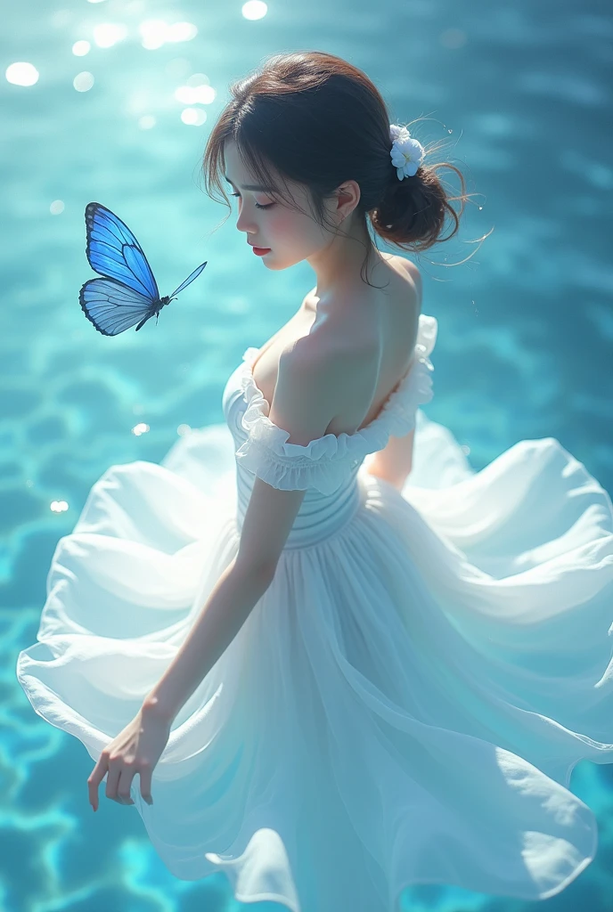 1 girl, transparent water, blue butterfly, saia de gaze pure branch, sparkling wine