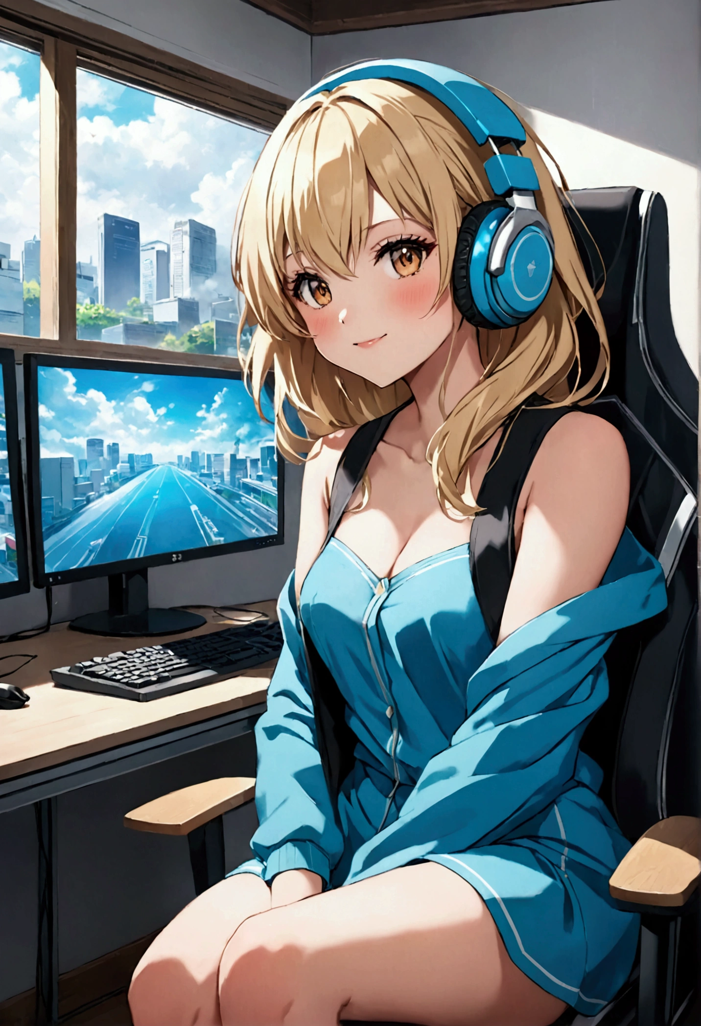 A blonde anime girl is sitting on a gaming chair and she has a good monitor and Computer Case and she is in Tokyo and we can see outside of the window that a electronic street from the window and she has an gaming earphone which black and teal and she is looking very cute to the camera and she has a big blush and she has a big crush on me and she is wearing blue clothes and she is smiling so clearly, ( highest quality), 4K, sexy pose,