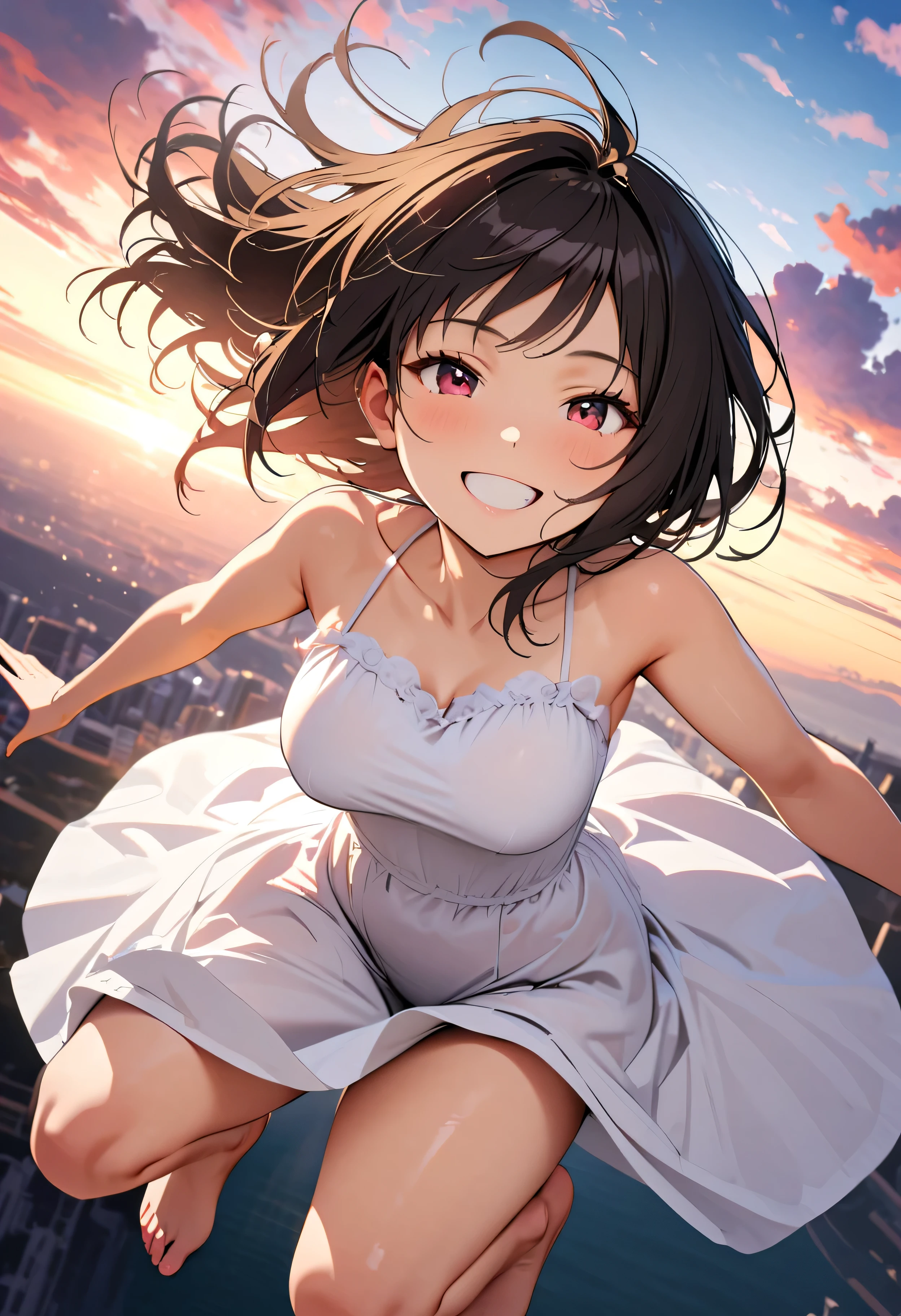 Highest quality, Very detailed, up to date, Vibrant, masterpiece, Highest quality, Best aesthetics, Floating in the sky, on the clouds, Pastel clouds, fly in the sky, Blurred Background, Above, One woman, Black Hair, face up shot, smile, big smile, Get excited, barefoot, Dynamic Angle, dynamic, Floating, Dynamic pose, White Dress, The wind is blowing, Vivid light, Colorful Scenes, momentum, lens flare