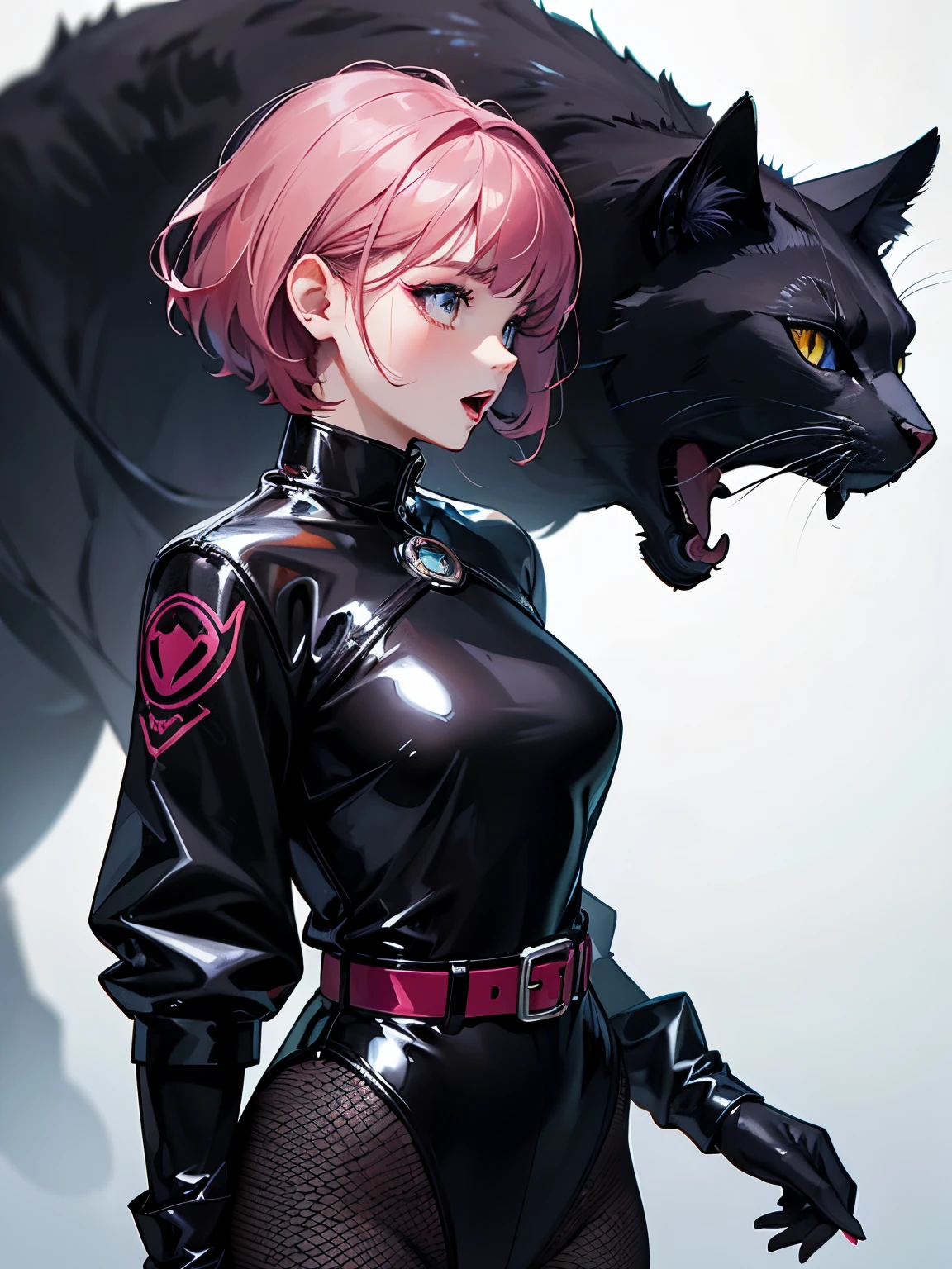 (highest quality:1.2), a 20-years-old girl is facing to a black mechanical cat,  from side view,  a photorealistic cute girl, noble face, open mouth to joy, beautiful faces, European faces like a doll, heavily make-up faces, bright eyes with heavy dark eyeshadow, dark bloody-red lip,Short-cut pink hair, upper body portrait above the knees, wearing long sleeve leotard,tight-fitting and extra shiny black leotard, wearing fishnet bodysuits, wearing red belt. the girl and the black mechanical cat looks each other.
