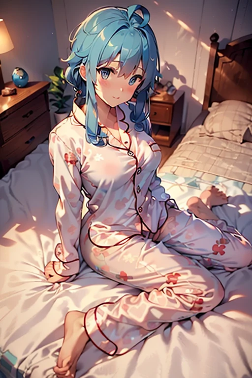 best quality, masterpiece, (medium breasts:1.3), solo, from above, pov, barefoot, ((sit on the bed:1.3)), ((bedroom:1.3)), ((looking at viewer))), (pajamas long sleeve long hem pajamas:1.5),anna yanami, medium hair, blue eyes, ahoge, blue hair,figure 