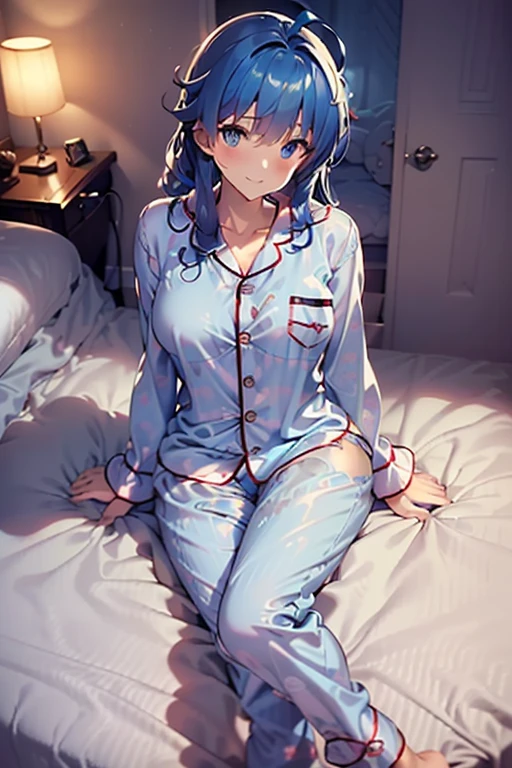 best quality, masterpiece, (medium breasts:1.3), solo, from above, pov, barefoot, ((sit on the bed:1.3)), ((bedroom:1.3)), ((looking at viewer))), (pajamas long sleeve long hem pajamas:1.5),anna yanami, medium hair, blue eyes, ahoge, blue hair,figure 