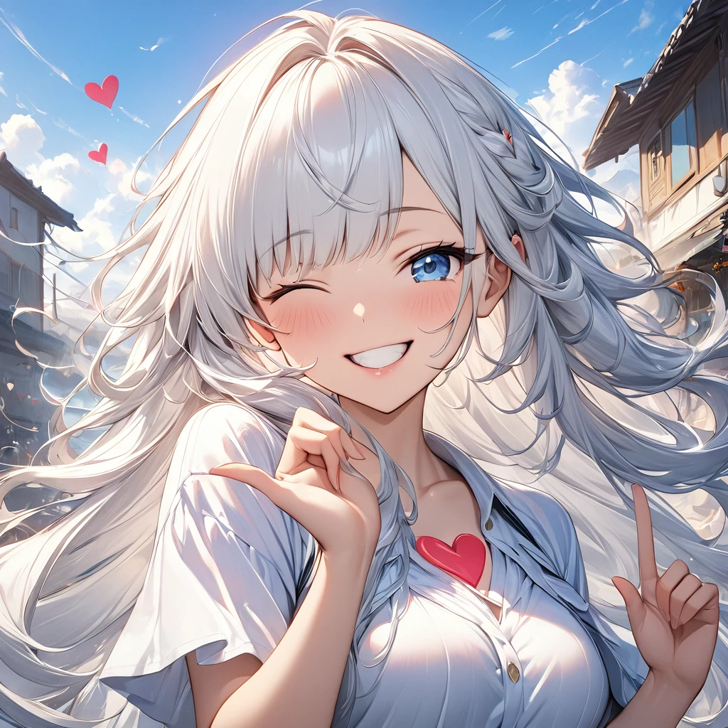 Digital Art,((Amazingly absurd)),(masterpiece:1.2),超High resolution, Attention to detail, high quality, High resolution, 最high quality, 4K, 8k,A woman winking,smile,Make a heart with your fingers,one hand,White Hair,blue eyes,Long Hair,Hair blowing in the wind,Very cute