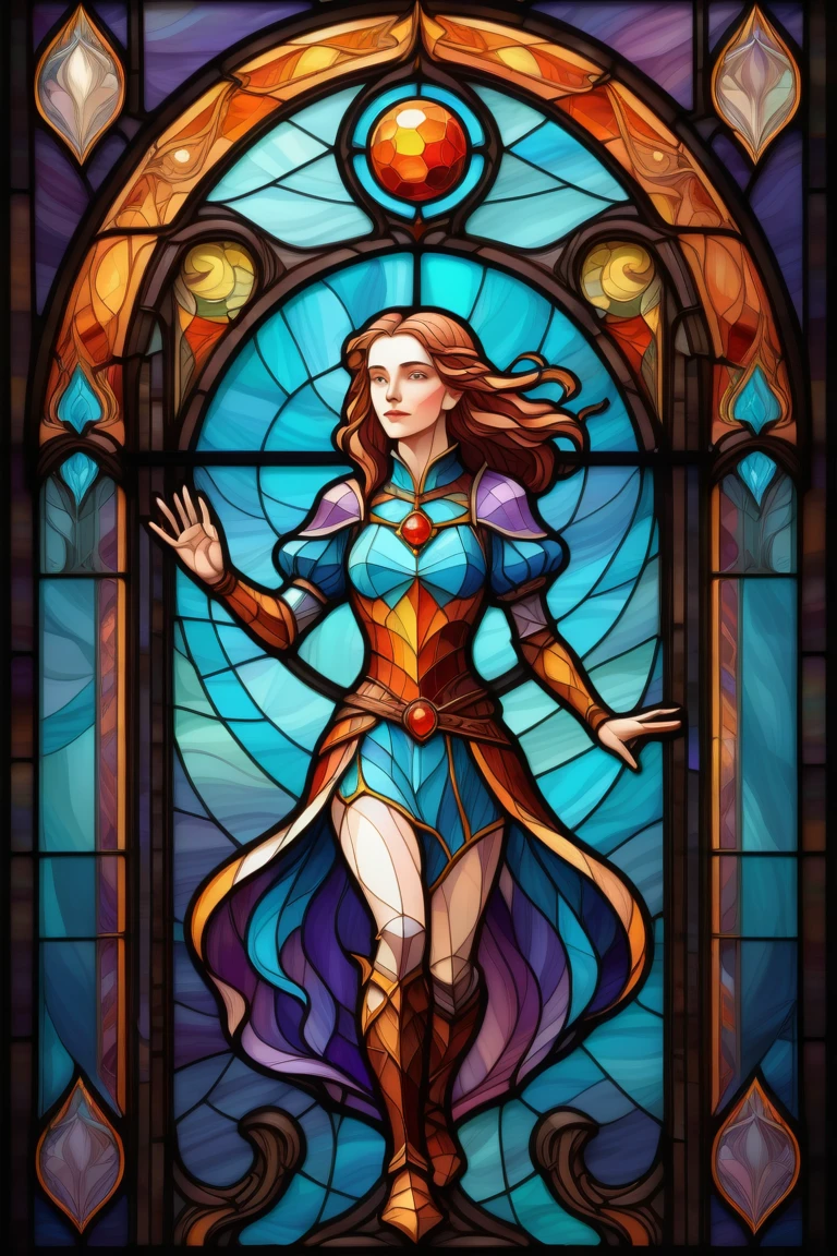 2D Stained Glass Window,A woman in the window frame throws a ball. Dungeons and Dragons Art. Symmetrical design, In stained glass style. Digital stained glass style. Soft color combination