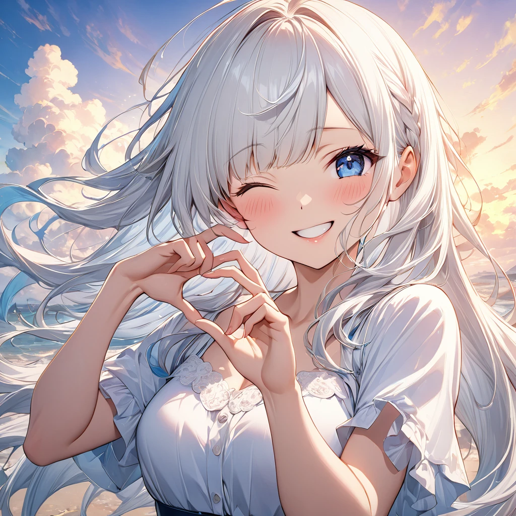 Anime Style,((Amazingly absurd)),(masterpiece:1.2),超High resolution, Attention to detail, high quality, High resolution, 最high quality, 4K, 8k,A woman winking,smile,Make a heart with your fingers,Kyun pose,one hand,White Hair,blue eyes,Long Hair,Hair blowing in the wind,Very cute