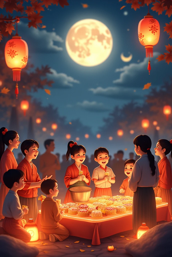 Autumn festival in night with moon, mooncakes and lantern - SeaArt AI
