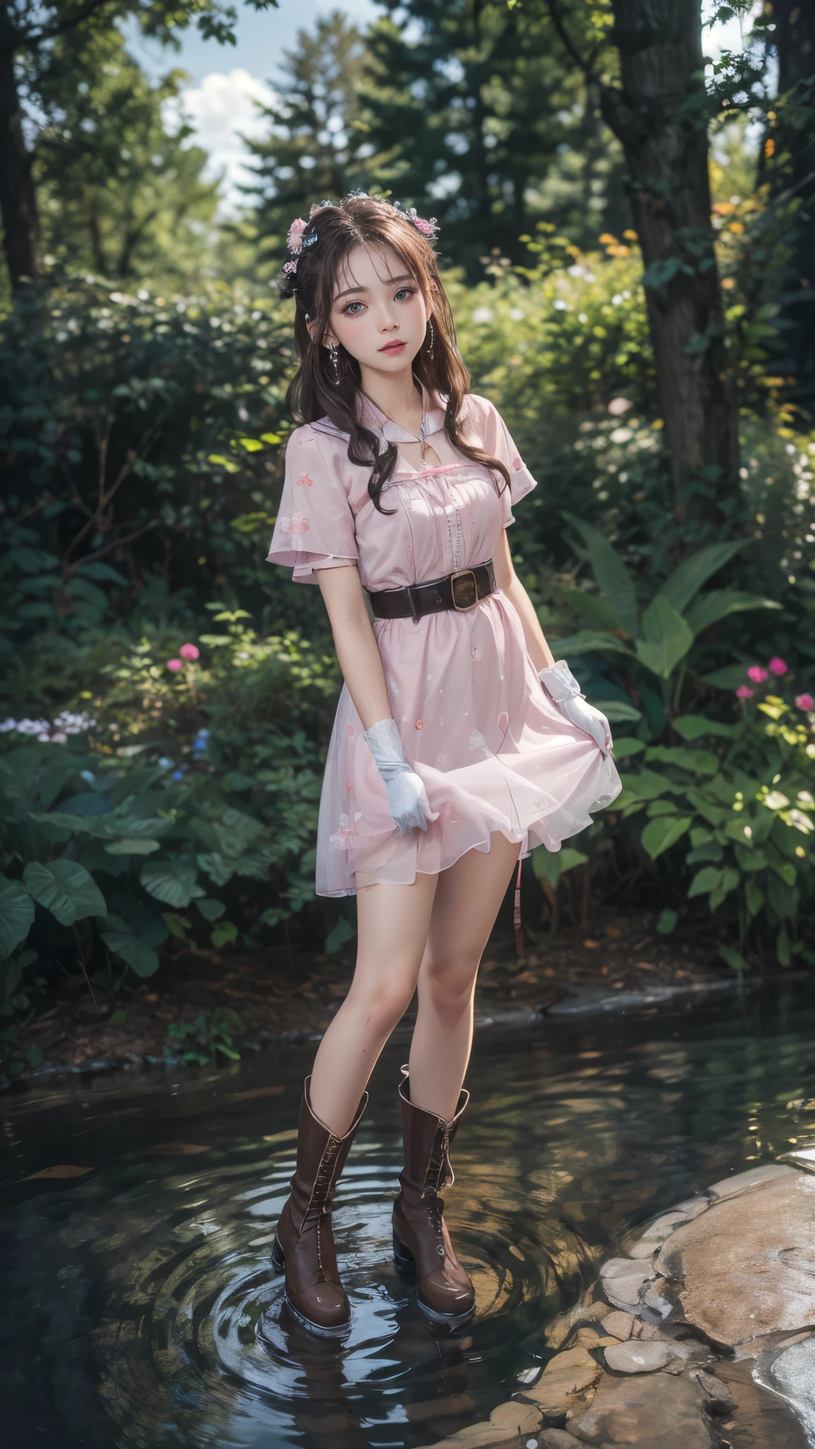 water, wet, masterpiece,best quality, high resolution, Extremely detailed, Elena, have, Long hair, curls, Pink Eyes, earrings, cape,dress, Short sleeve, Gloves, belt, skirt,  boots, Wind lift, blush, (Make it embarrassing:1.2), outdoor,garden,