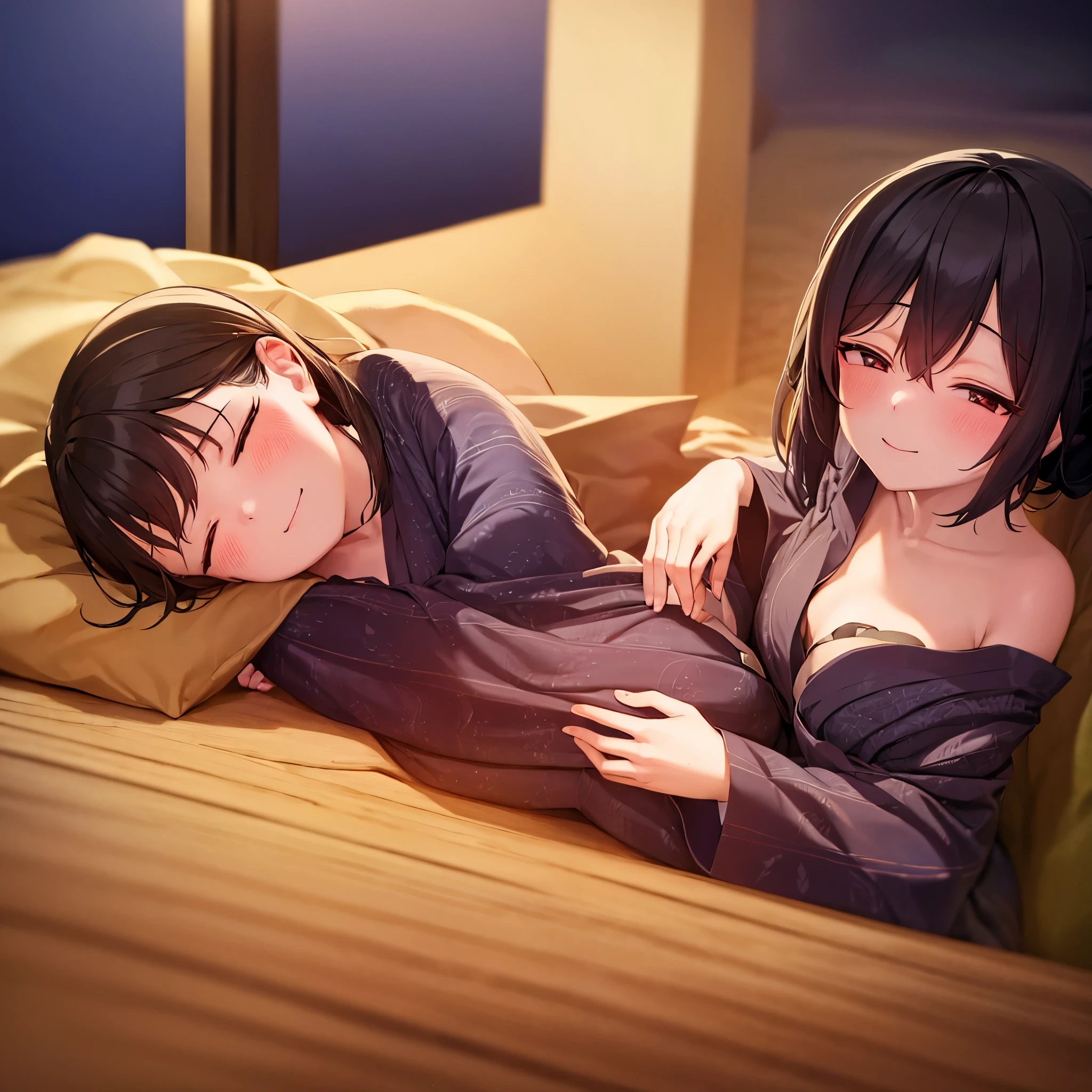 One girl, High resolution, Kayoko,Black yukata,Sleeping together,night,Blushing, smile, anime, 
Clothes falling apart