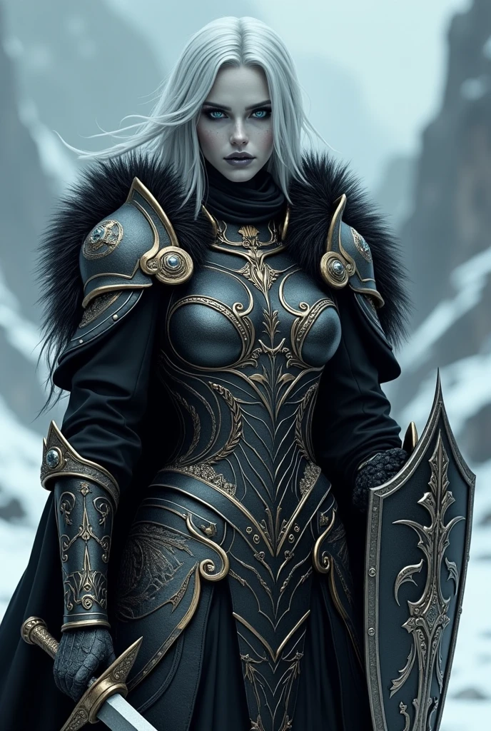 An amazing ((((8k, RAW photo, best quality, masterpiece:1.2), (realistic, photo-realistic:1.37), ultra high res))) ((full body)) photo of (((a woman, grey skin, wowdk, muscled, silver hair, wearing (skull armor, skull pauldrons, cape))), (small waist), (muscled), (large breasts), (visible face), (perfect skin), (perfect face:1.2), (beautiful eyes), (perfect eyes), (beautiful skin), (beautiful face:1.2), (seductive face), sfw:1.3), ((walking on a snowy mountain:1.7, mystical clouds, snowing, snow, combat pose)), (looking at the viewer:1.3), (masterpiece:1.2) (best quality) (detailed) (intricate) (8k) (HDR) (wallpaper) (cinematic lighting) (sharp focus)
<lora:add_detail:0.4>
<lora:sxz-death-knight:1>
<lora:agpt_europeanDollLikeness_v1:0.4>