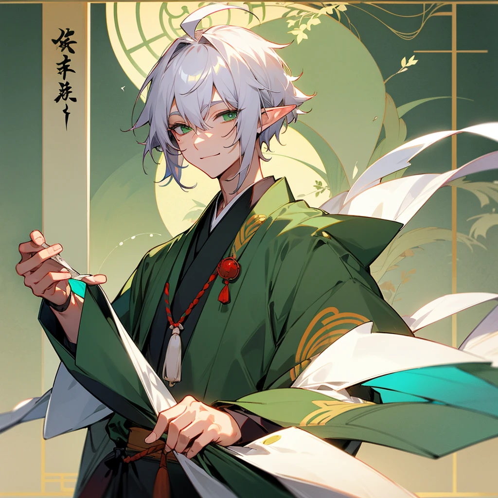 elf, male, silver hair,short hair, medium cut, ahoge, curly hair, green eyes,slender, fair skin, japanese kimono, cool mild Smile, japanese Hotel, japanese doorman, 