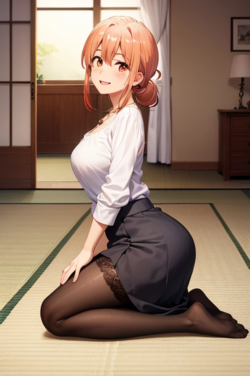 (hdr, highest resolution, best quality, beautiful, raw image, super detailed skin, perfect anatomy, nsfw, POV)), , ((1girl)), (orange hair), brown eyes , (blushing:1.4), ((smile)) ,open mouth , (slender), (large breasts), ((casual clothes, blouse, skirt, ,stockings, necklace)) , (( japanese style room, tatami, shoji window, low table, no shoes, daytime)), kneeling, (from side),