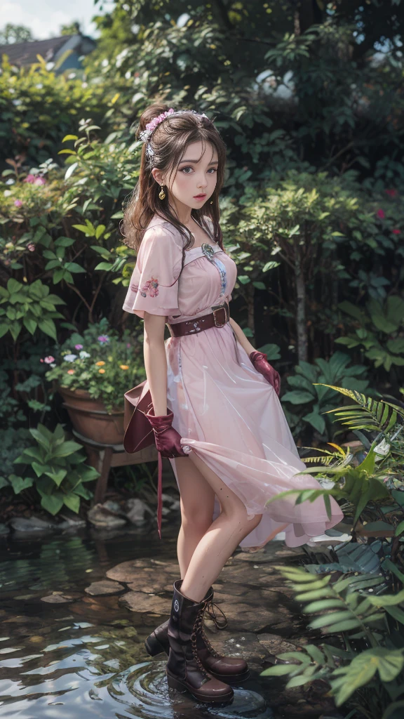 water, wet, masterpiece,best quality, high resolution, Extremely detailed, Elena, have, Long hair, curls, Pink Eyes, earrings, cape,dress, Short sleeve, Gloves, belt, skirt,  boots, Wind lift, blush, (Make it embarrassing:1.2), outdoor,garden,