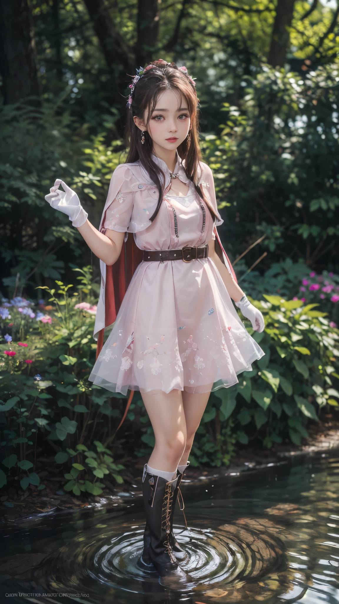 water, wet, masterpiece,best quality, high resolution, Extremely detailed, Elena, have, Long hair, curls, Pink Eyes, earrings, cape,dress, Short sleeve, Gloves, belt, skirt, boots, Wind lift, blush, (Make it embarrassing:1.2), outdoor,garden,